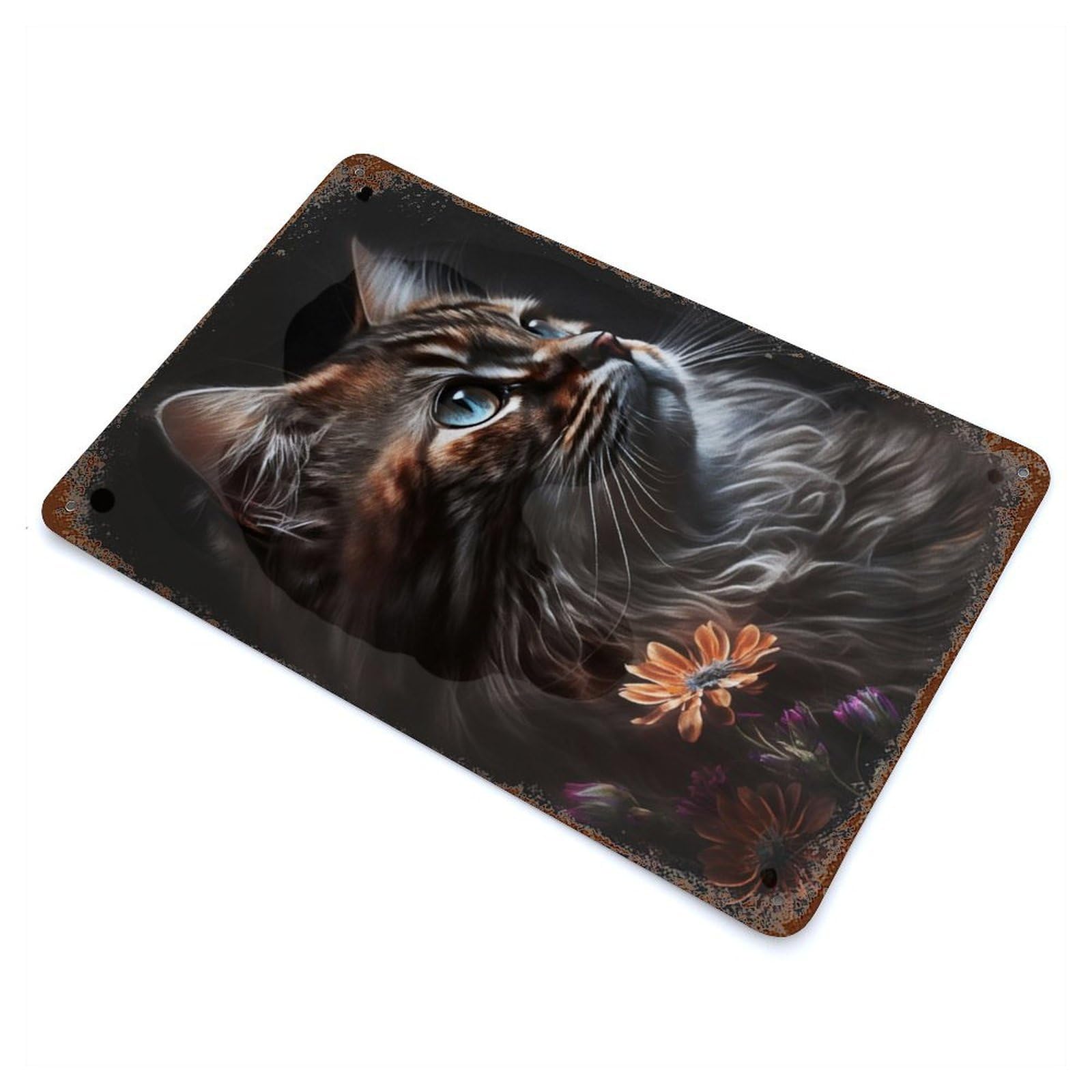 Rust Effect Cute Cat Expression Rustic Tin Plaque 11.8"x7.9", Decorative Metal Wall Art for Farmhouse, Kitchen And Entryway Decor