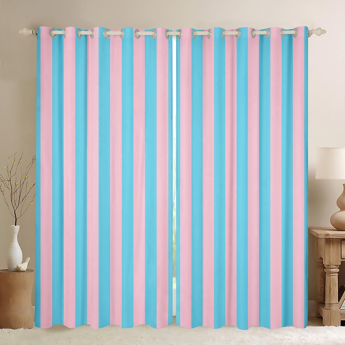 Homemissing Kids Pink Blue Curtain (2 Panels, W66*L90) Abstract 30%-50% Blackout Shades for Boys Girls Teens Bedroom Decor Stripes Window Drapes Breathable Soft Microfiber Women Men Geometric