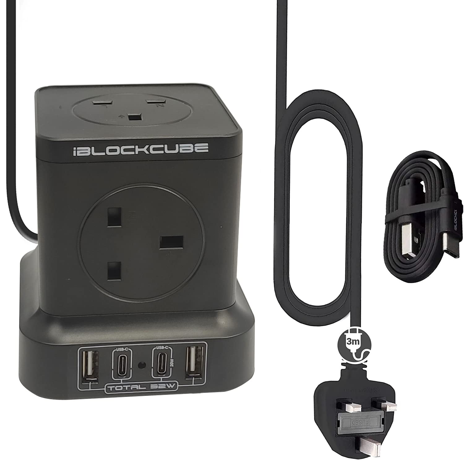 USB C Extension Lead 3M iBlockCube 5 Way Cube Power Strip with 4 USB Slots(1PD 20W + 2 USB-A+1 USB-C Port), Multi Plug Extension Cord, Extension Cable Black for Home Office Travel