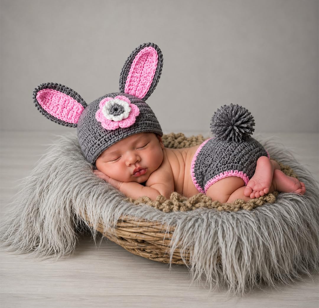 BabyMoon ( SET OF 2 Baby Rabbit Designer Crochet Clothing/Best Costume/Photography Props/Best Baby shower Gift (Grey)-image-21