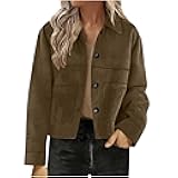 Women's Faux Suede Cropped Jacket Casual Lightweight Button Down Fall Fashion Winter Coats Outerwear Trendy Clothes
