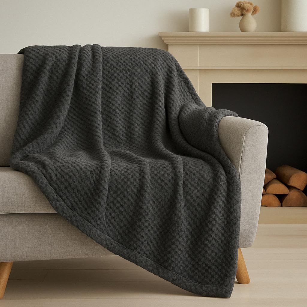Luxury Popcorn Waffle Fleece Throw Blanket – Soft Warm Fluffy Bed & Sofa Blanket for Home, Couch & Settee | Thermal Cozy Reversible Design – Machine Washable (Charcoal, King (200cm x 240cm))
