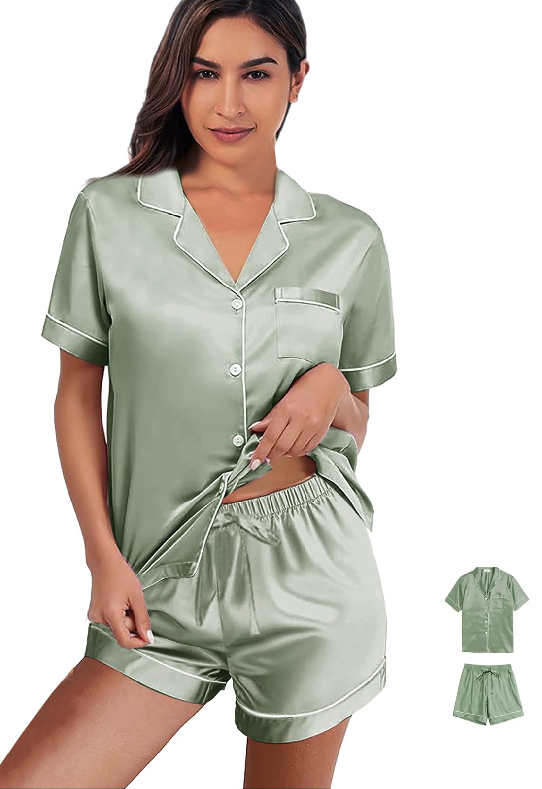 Womens Silk Satin Pajama Sets XS-2XL Sleepwear Silky Pajamas Stripe Loungewear Bridal Pjs Set