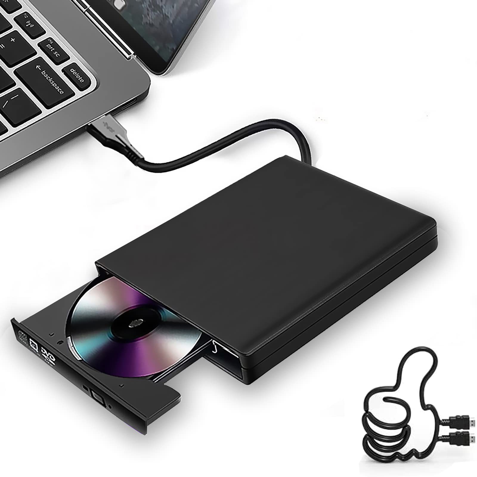 TaDool External DVD Drive, USB 2.0 Portable CD Player Drive USB Burner for Laptop, Computer, Desktop CD ROM, Compatible with Win10, 8, 7, Mac OS 10.3 ( Black )