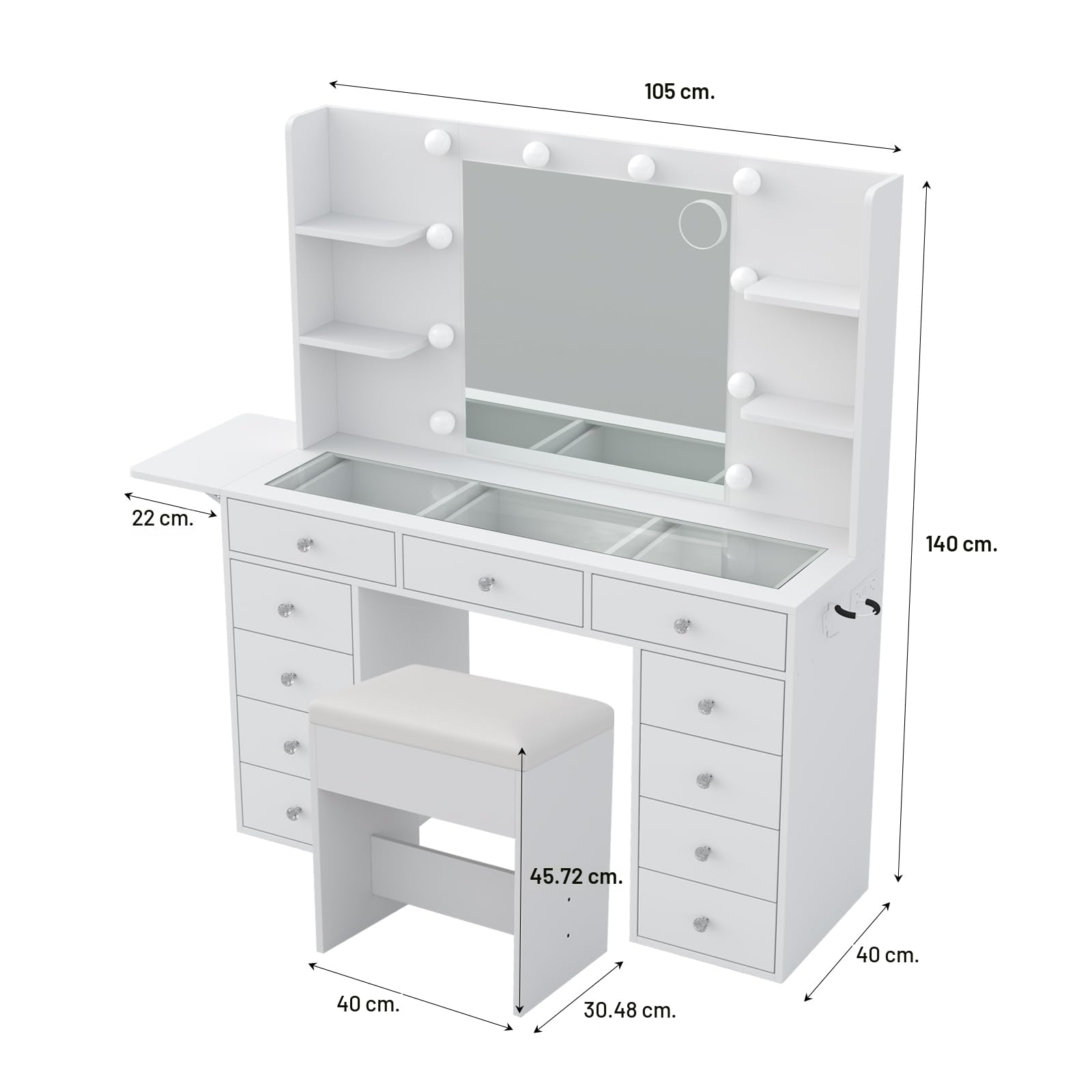 Yanosaku Tocador con Fuente de alimentación 47 Pulgadas más Ancho con Espejo y 12 Luces LED 3 Modos de iluminación de Color 11 cajones 4 estantes Panel Plegable Mesa de Cristal Juego de Maquillaje