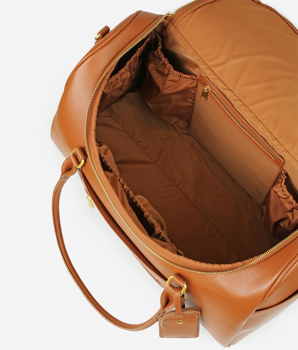 FAWN DESIGN The Weekender Bag, Carry on Bags for Airplanes, Overnight Bag for Women, Premium Matte Faux Leather Duffle Bag with Luggage Tag and Contact Card, 20x10x12 inches, 39 Liters, Brown