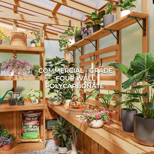 Image of Backyard Discovery Poppy 9' x 6' Cedar Wood and Polycarbonate Walk-in Greenhouse Kit with Exhaust Fan, Windows, Hose Hook-Ups, PowerPort, Staging Shelves, Plant Hooks for Year-Round Outdoor Gardening
