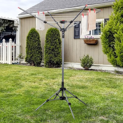 Image of STO STO Portable Umbrella Clothesline, 82 Feet Rotary Drying Rack with Adjustable Height, Freestanding Laundry Line for Backyard, Patio, Balcony & Camping, Easy Setup with Carry Bag, No Tools Required