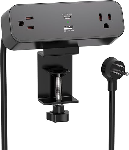 Regleta de alimentación con abrazadera de escritorio, cable de extensión de enchufe plano de 10 pies con USB C, 2 tomas, protector de sobretensiones