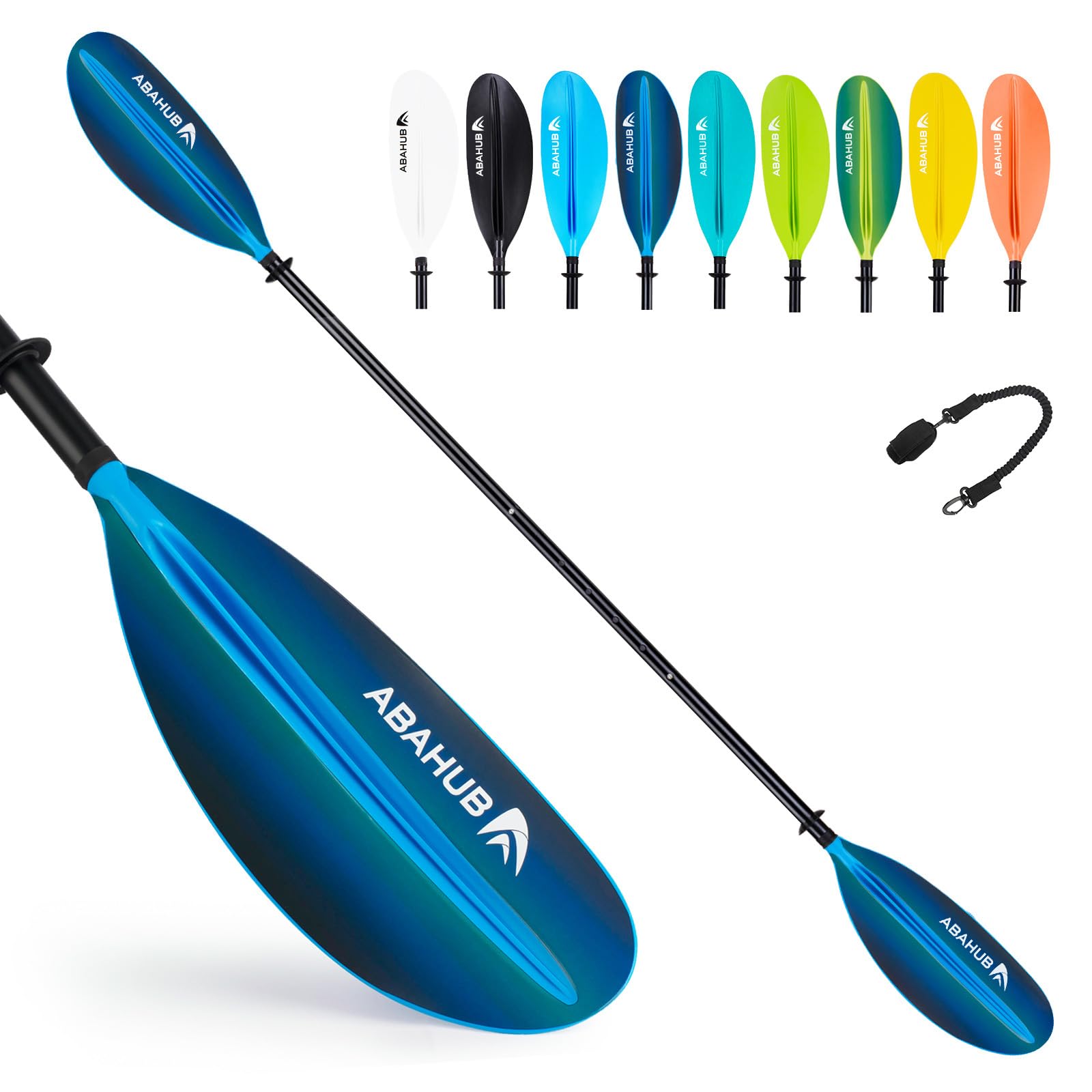 Abahub Kajak Paddel verstellbar 220cm bis 240cm Aluminium Doppelpaddel mit Paddelleine für Kajakfahren Aluminiumlegierungs Schaft Kunststoff Klingen Schwarz/Weiß/Blau/Grün/Orange/Gelb/Türkis