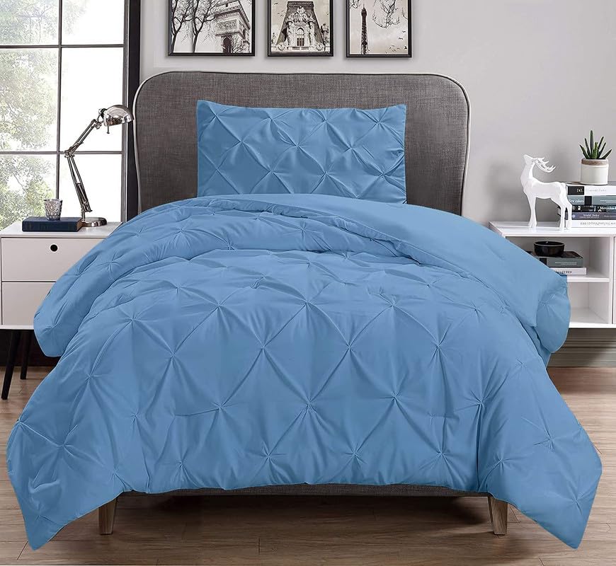2 Pcs Pinch Pleated Comforter Set 500 GSM with Corner Tabs 100% Egyptian Cotton Best Soft Quality Pintuck Comforter Set All Season Eastern King, Sky Blue (1 Comforter & 1 Pillowcases)