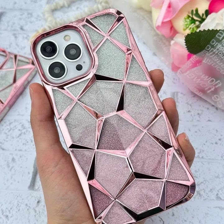Image of VONZEE Compatible with iPhone 15 Pro Max Gradient Glitter Case, Luxury Electroplated 3D Cube, Diamond Bling Shiny Soft TPU Clear Shockproof Case Women Girls Protective Phone Cover (Rose Gold)