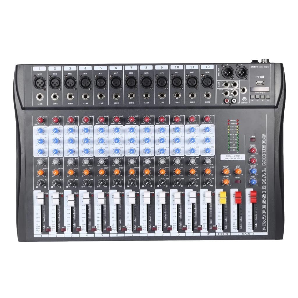 120S-USB12チャンネルマイクラインオーディオミキサーミキシングコンソールUSB XLR入力3バンドEQ48Vファンタム電源(