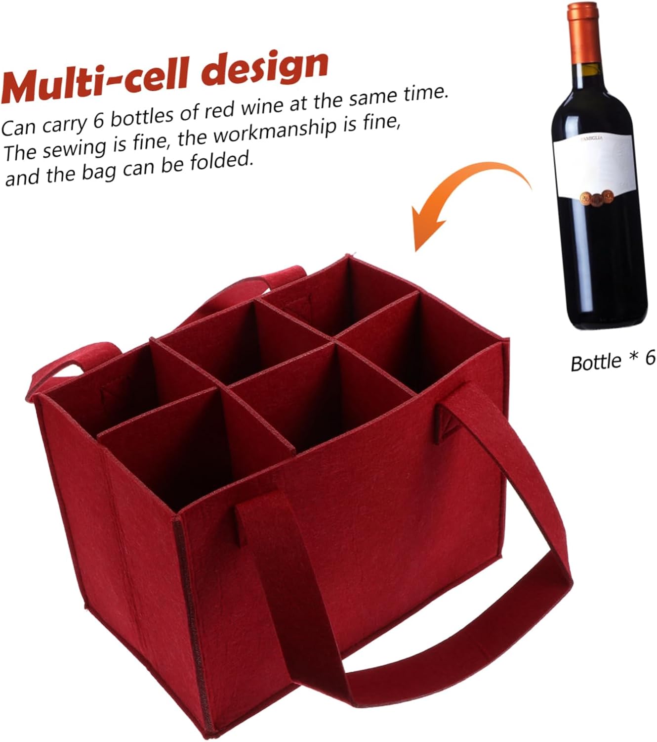 Red Felt Wine Bottle Holder Bag for 6 Bottles Foldable | Wear-resistant Fine Sewing, Multi-Cell Layout, Fits Most Bottles, One Piece, Travel Picnic Party