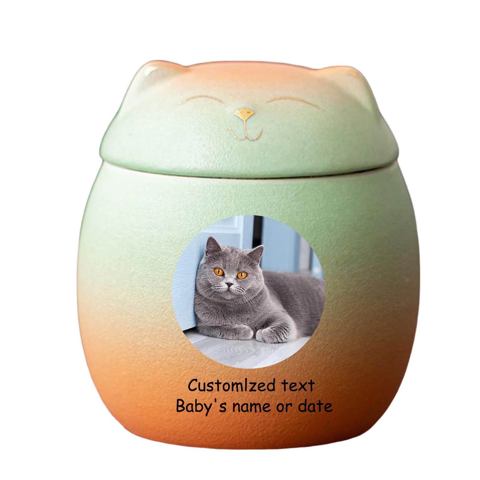 WXMYOZR Cat Urns for Ashes Personalized, Custom Pet Urns for Cats Ashes Ceramic Cat-Shaped Urn Pet Cremation Urns Cat Memorial Keepsake Urns,Green Orange,Little