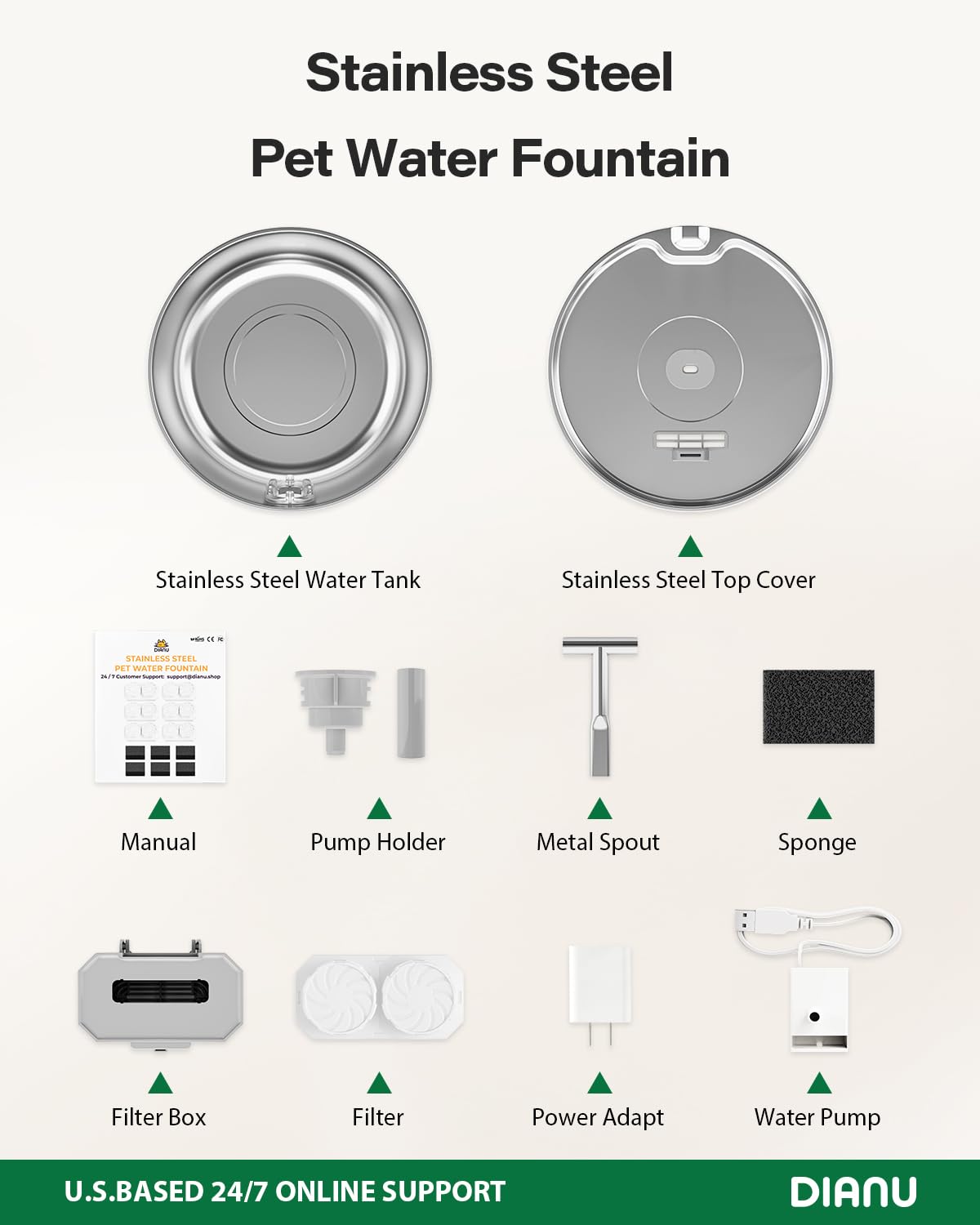 Fuente de agua para gatos de acero inoxidable – 3.2L/3,061.7 g Fuente de agua para gatos de interior – Dispensador automático de riego para mascotas (4 filtros)