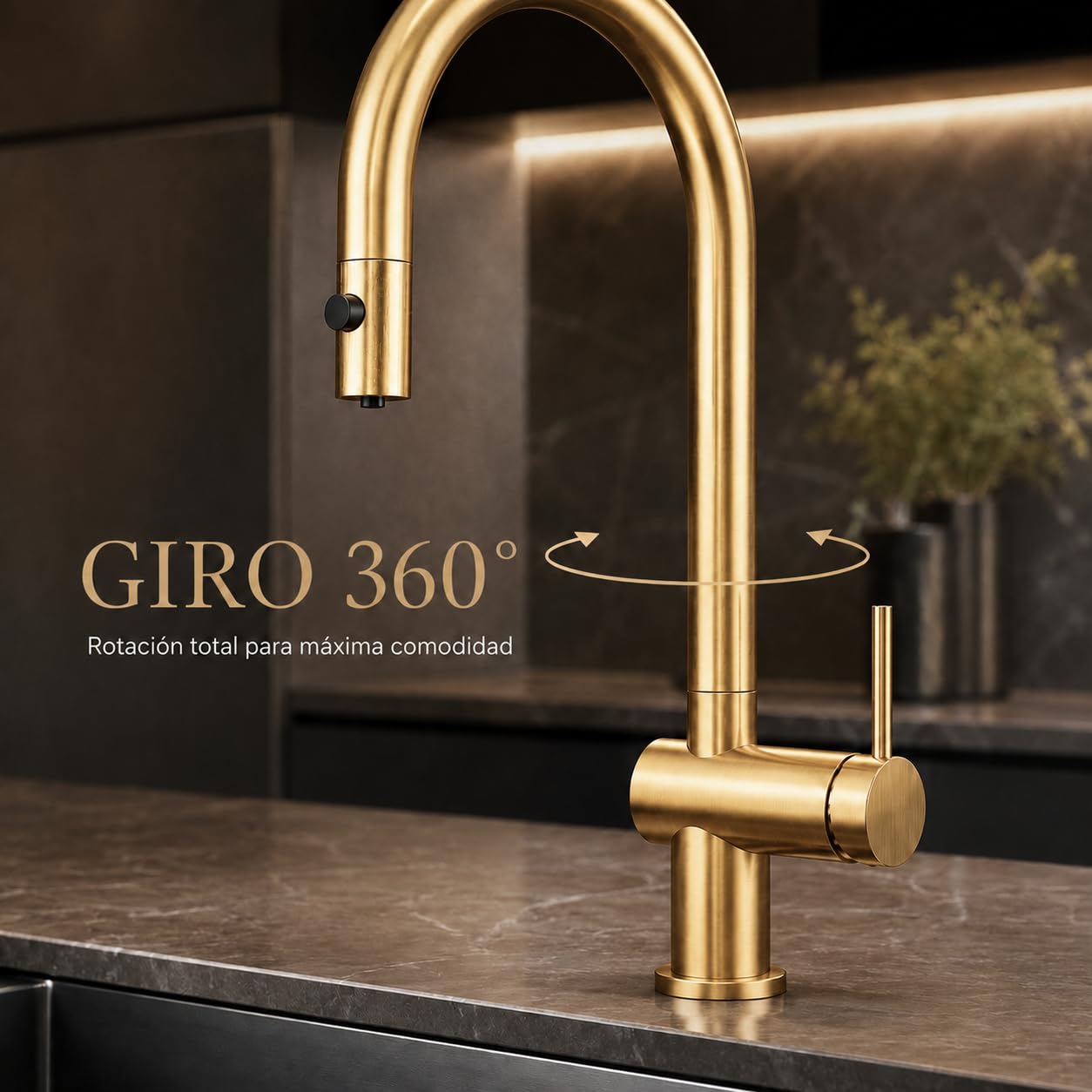 Grifo Cocina Extraíble con Osmosis | Grifo Fregadero Cocina Monomando con Agua Filtrada y Giro 360° | Grifería Cocina IMEX Lazio (Oro cepillado)