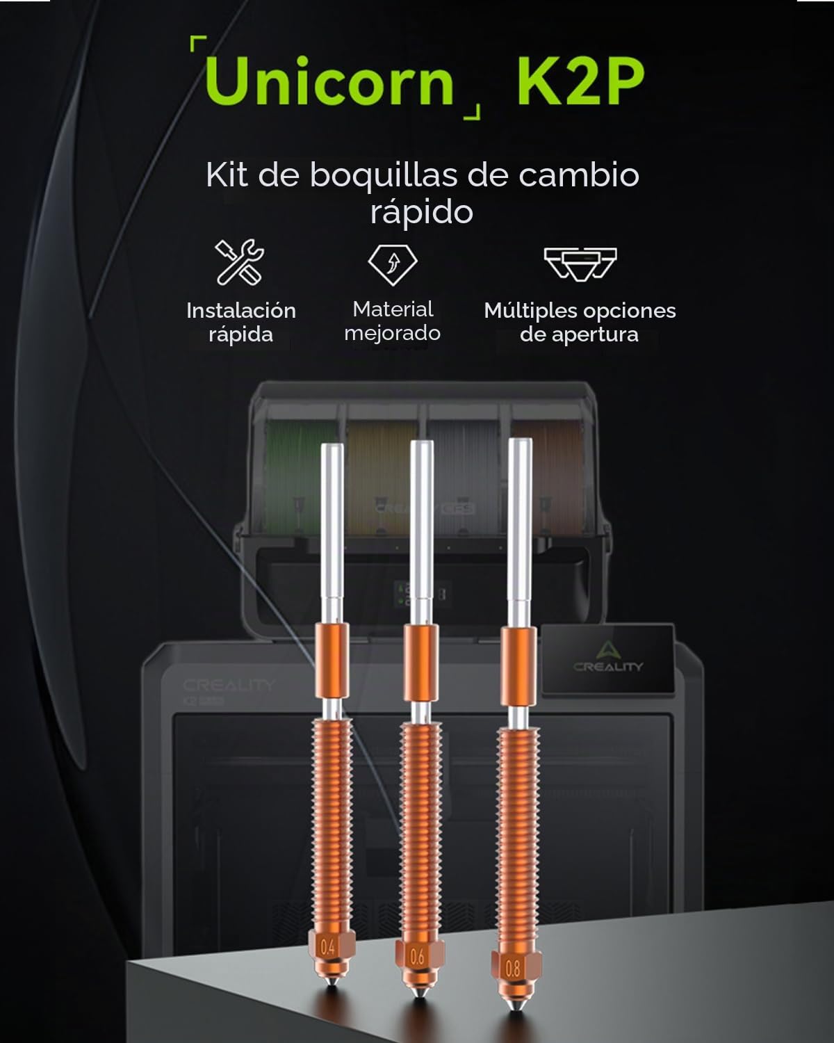 Boquilla oficial Creality K2 Plus, kit de repuesto de boquillas para hotend Creality Hi Combo con aleación de titanio, aleación de cobre y acero endurecido, para K2 Combo (0,4 0,6 0,8 mm, 4 unidades)