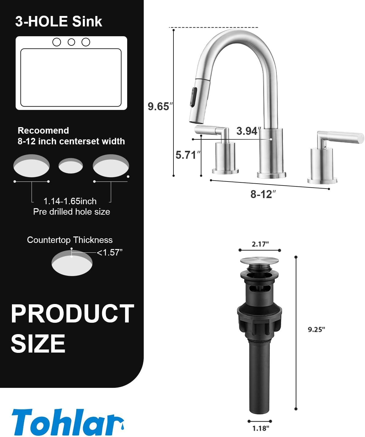 Tohlar Bathroom Faucet with Sprayer, Widespread Bathroom Faucets Brushed Nickel 8 Inch Basin Sink Tap 3 Holes, 2 Handle Vanity Faucet with Pull Out Sprayer Pop Up Drain Assembly Included
