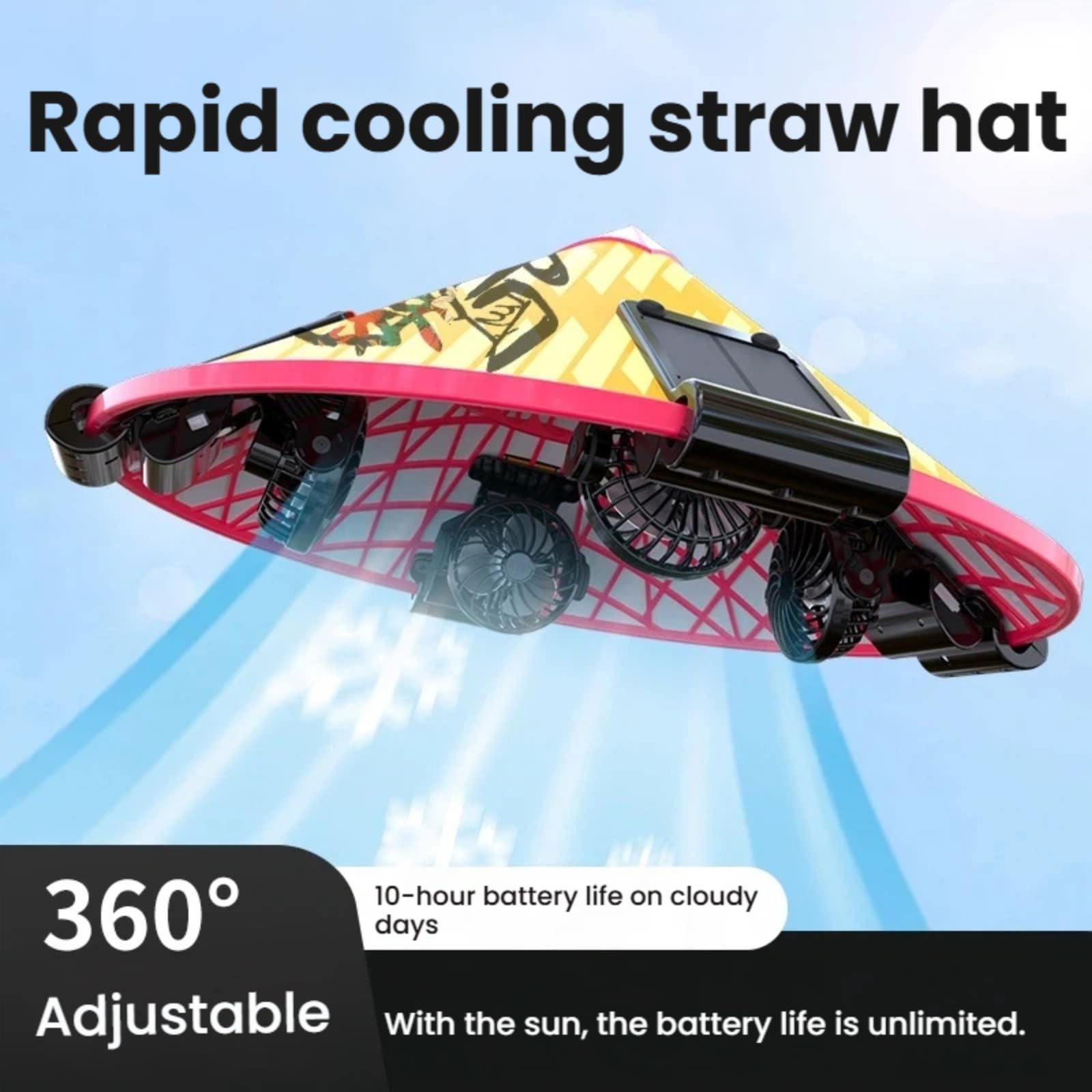 Solarbetriebener Strohhut, 360° verstellbare Windrichtung, kühlender Hut mit 3 Geschwindigkeitsstufen, Solar- und USB-Aufladung, UPF 50+, wasserdicht, breite Krempe, Sonnenhut für Männer und Frauen