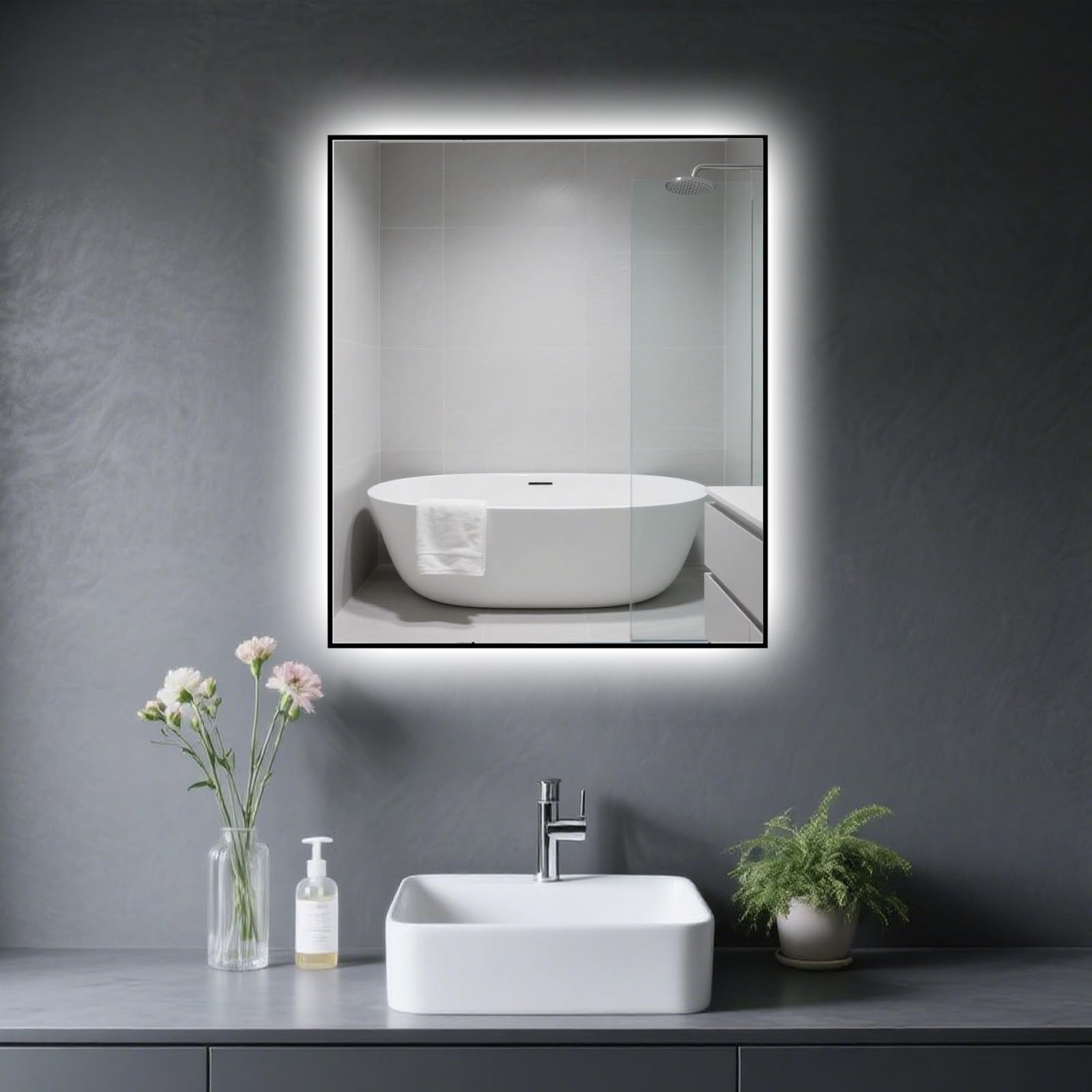 Specchio Bagno con Luce LED 60x70 cm,Retroilluminato Bagno,Bianco 6500K,IP54,Rettangolare,Orizzontale/Verticale,Ingresso moderno,Camera da, Armadio