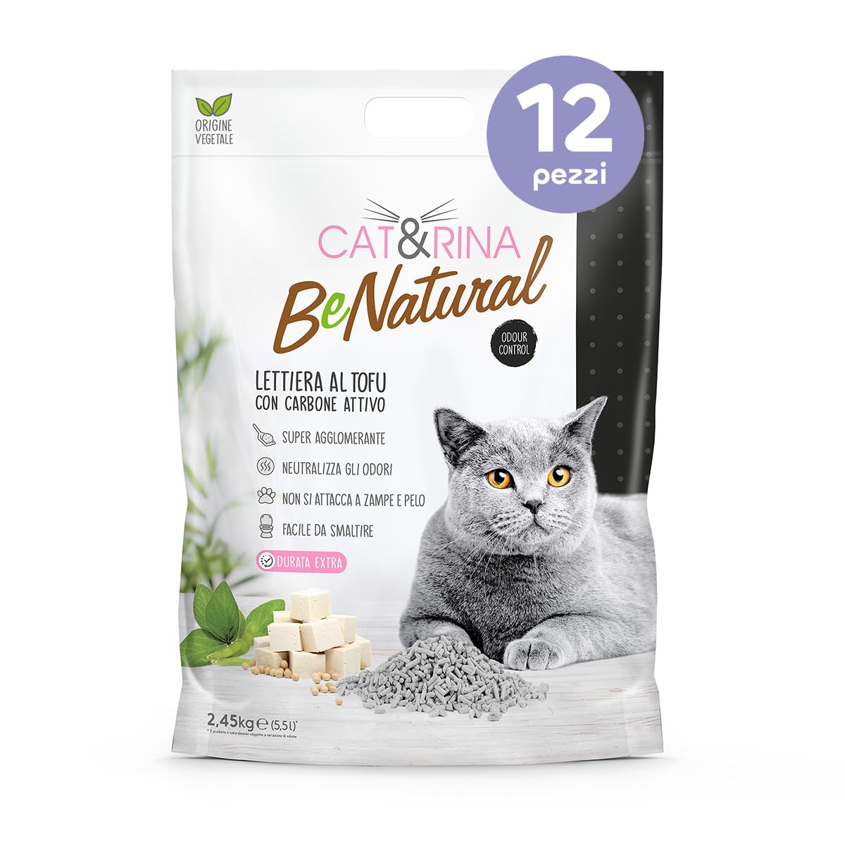 Cat&Rina lettiera vegetale per gatti al tofu da 5,5l. Si smaltisce nell'organico o nel wc. Sabbia anti odore, Profumazione Carboni Attivi, 12 pezzi