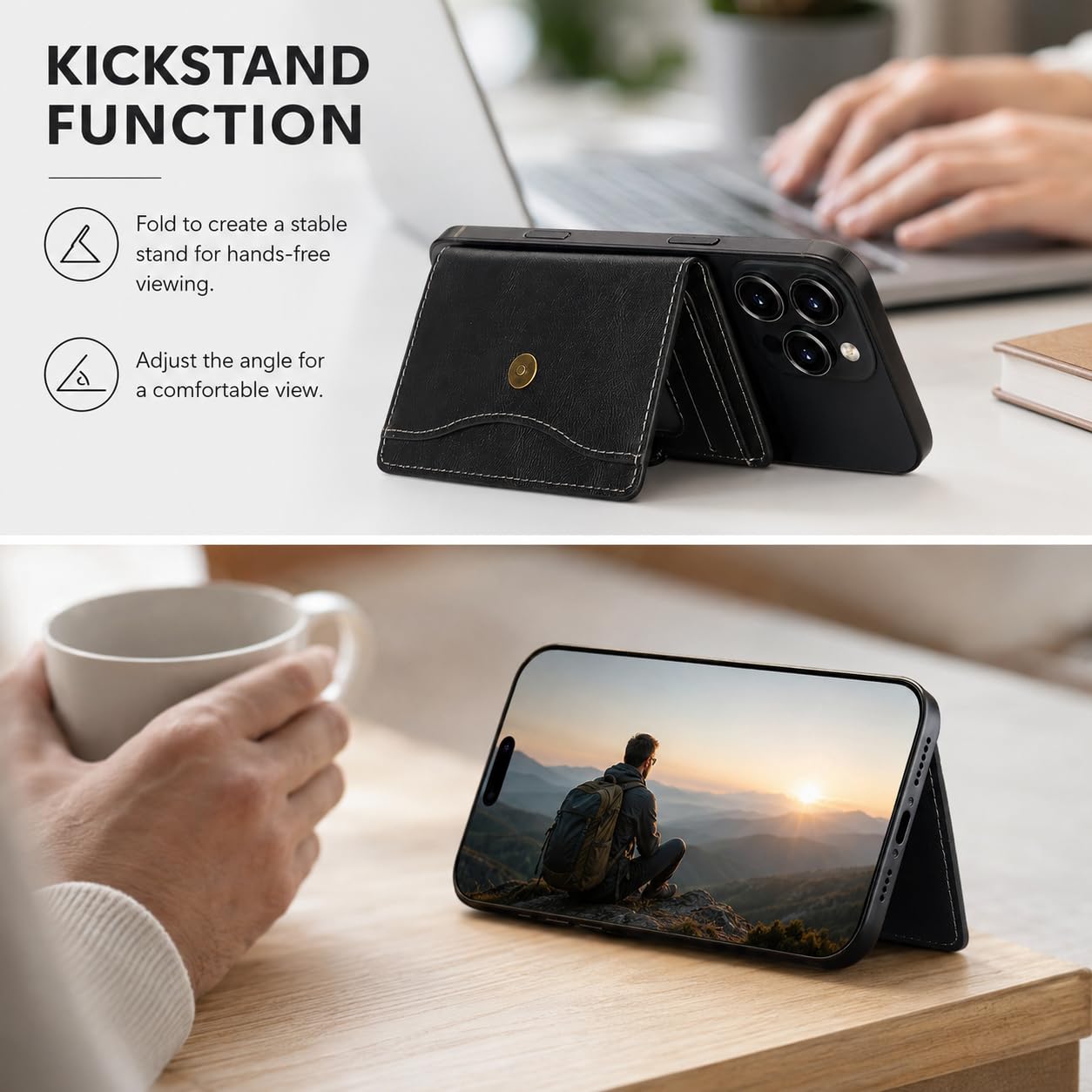 Magnetic Wallet kompatibel mit MagSafe,RFID-blockierender PU-Leder Kartenhalter,4 Kartenfächer, Geldfach,Foto-ID-Fenster,Druckknopf,Magnetring inklusive,kompatibel mit iPhone&Android-Hüllen,Schwarz