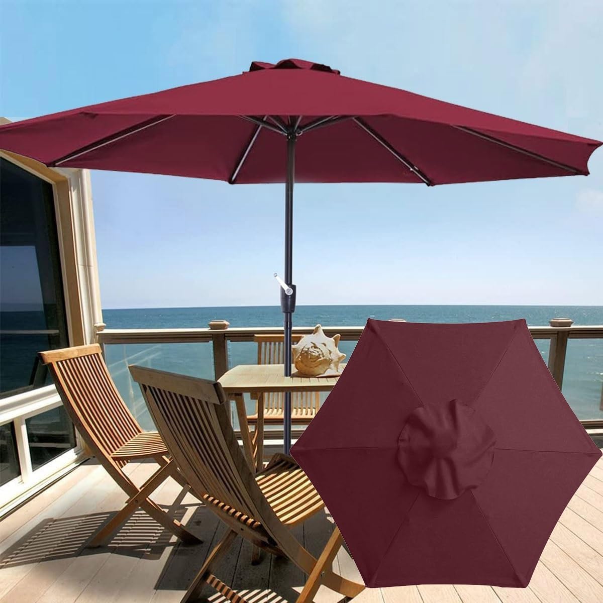 Patio Umbrella canopy replacement Outdoor 6.5ft/9ft/10ft, Replacement Parasol Canopy for Market 6 ribs/8 Ribs UV blocking Replacement Parasol Cover Waterproof for Garden, Deck(Color:Burgundy,Size:3.0m