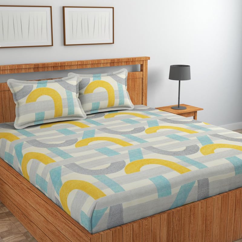 Image of NEW LEAF Cotton Fitted King Size Bedsheets with 2 Pillow Covers | Elastic Fitted | Wrinklefree | Ultrasoft |Winter Bedsheet 220 tc tc Floral | 710x72+10 Inches, Beige Yellow