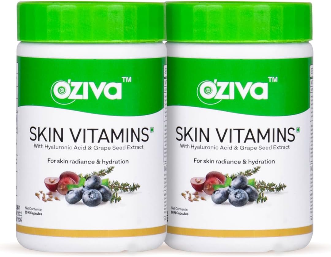 OZiva Skin Vitamins for Women & Men- 120 Capsules| Glutathione Builder, Hyaluronic Acid, Rosemary & Grape Seed Extract | Radiant & Hydrated Skin, Antioxidant-rich Skin Glow Supplements Certified Vegan