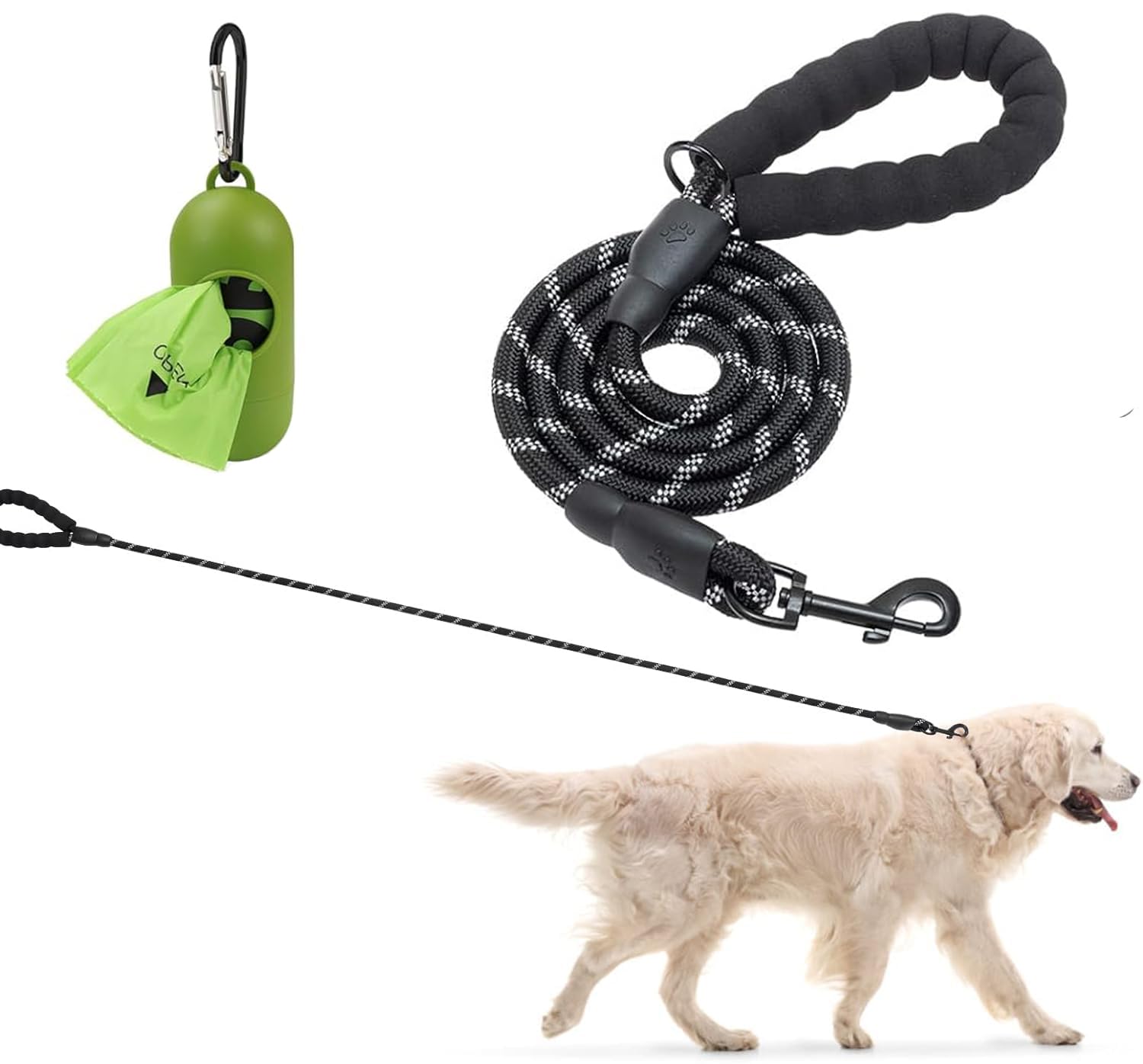 Rope Dog Lead with Soft Padded Handle, Reflective Lead Durable & Weather Resistant Climbers Rope with Reflective Stitching for Small Dogs, 1.2 m × 1.0 cm, Black (Black, 200 * 1.0cm)
