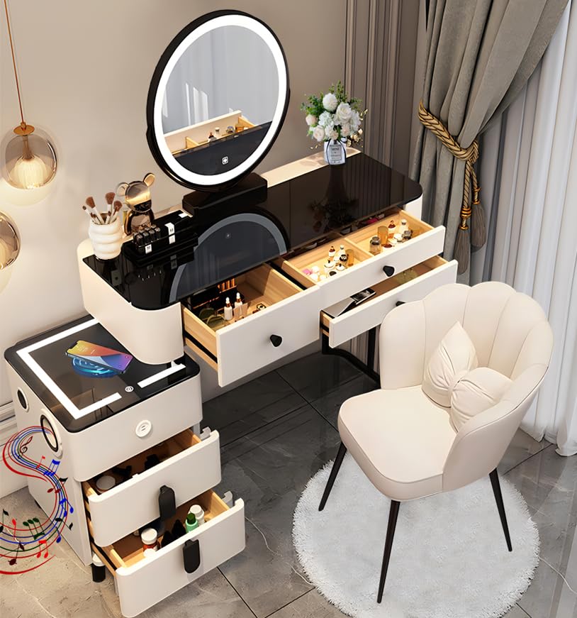 Catálogo de Juegos de tocador - 5 favoritos. 46 saditesdk Tocador Moderno con Carga inalámbrica y Altavoz Bluetooth, Juego de tocador con Espejo, 5 cajones y Taburete, tocador de Dormitorio Gris,Blanco80cm 100