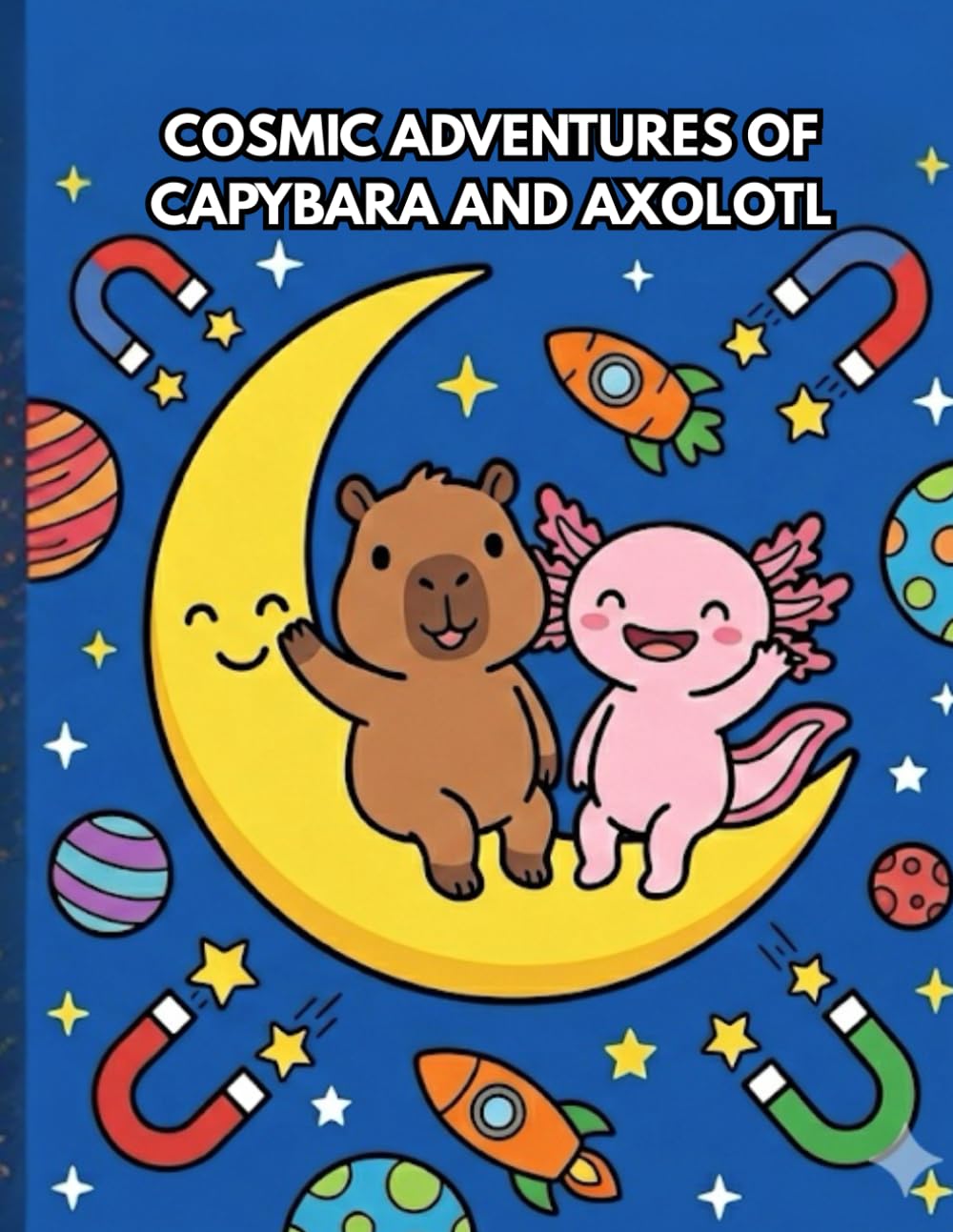 COSMIC ADVENTURES OF CAPYBARA AND AXOLOTL: A Kawaii Space Coloring Book for Kids with Cute Animals, Planets, and Stars