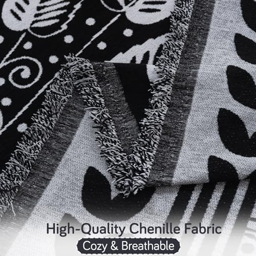 Image of HOKIPO 320 GSM Chenille Sofa Throw Blanket for 2 Seater Sofa - Printed All-Season Sofa Cover, 'Serene Abode Series' Black Fern Tribal (180x250 cm) (AR-6632-D4)