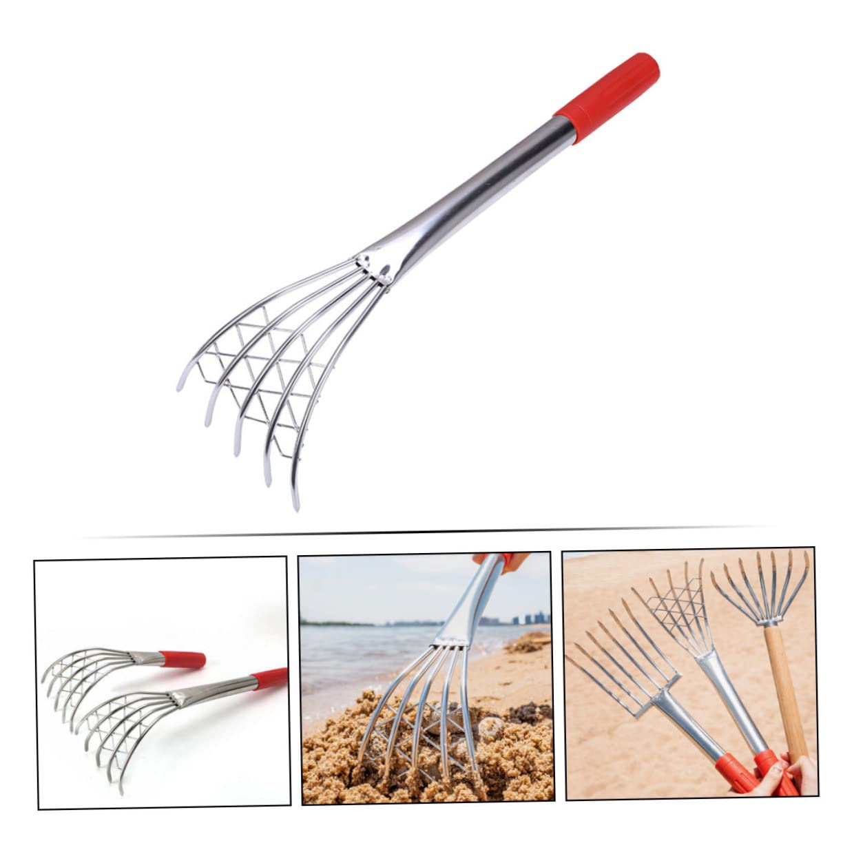 ORFOFE Rastrello con Manico lungo Argento per Vongole in Acciaio Inossidabile per Scavare Sabbia e Raccolta Frutti di Mare Attrezzo da Spiaggia per Pesca Vongole