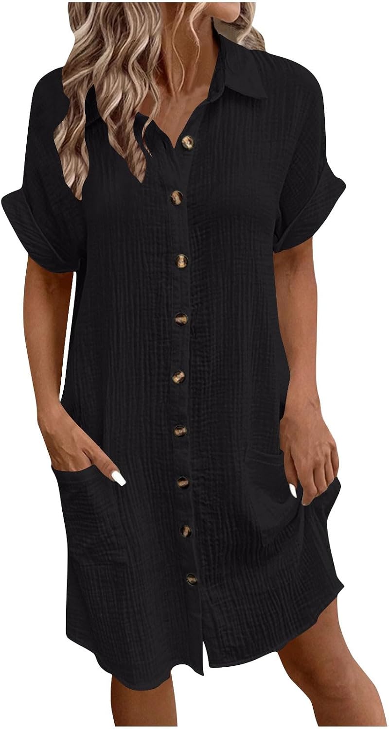 Womens Cotton Short Sleeve Shirt Dress Casual Loose Fit Button Down Mini Dress with Pockets Summer Beach Sundress
