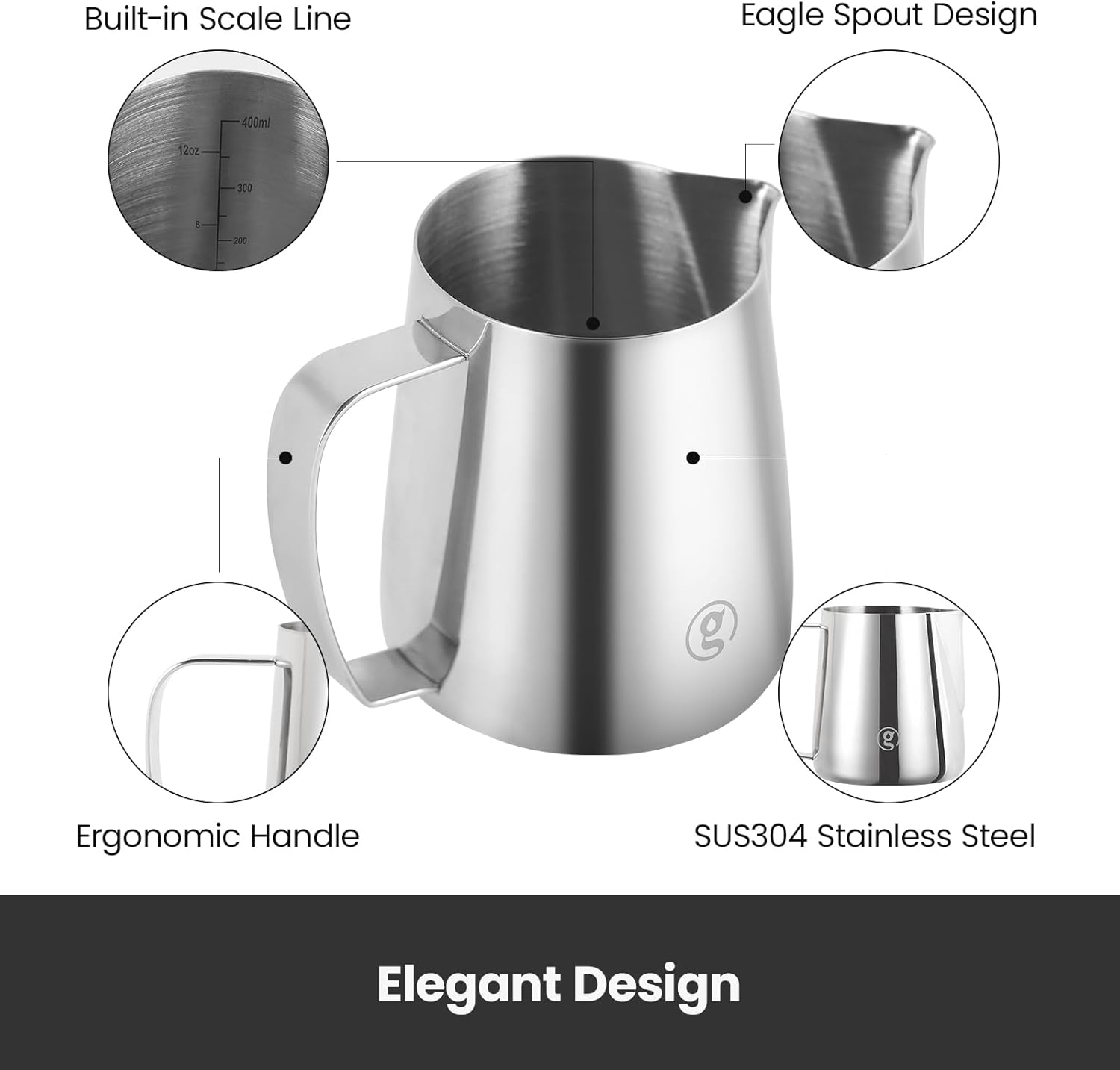 Gemilai 450ml Stainless Steel Milk Frothing Pitcher -15.2oz Professional Coffee Steaming Jug for Lattes, Cappuccinos & Espresso, Heat-Resistant Handle, Easy Pour Spout, Durable & Easy to Clean