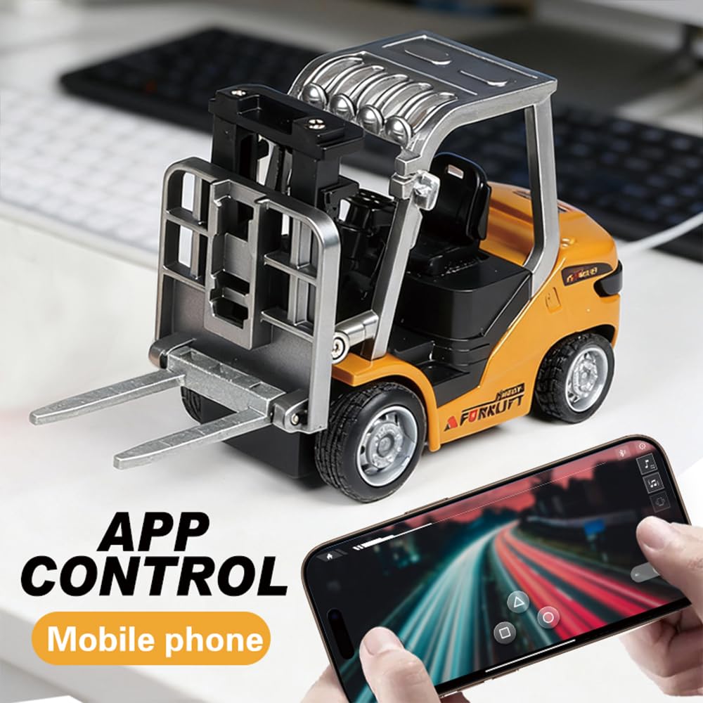Juguete de excavadora teledirigido 1:64, luz de 2,4 GHz y efectos de sonido para niños, mini carretilla elevadora con horquillas de carga, paleta, vehículos de construcción de aleación