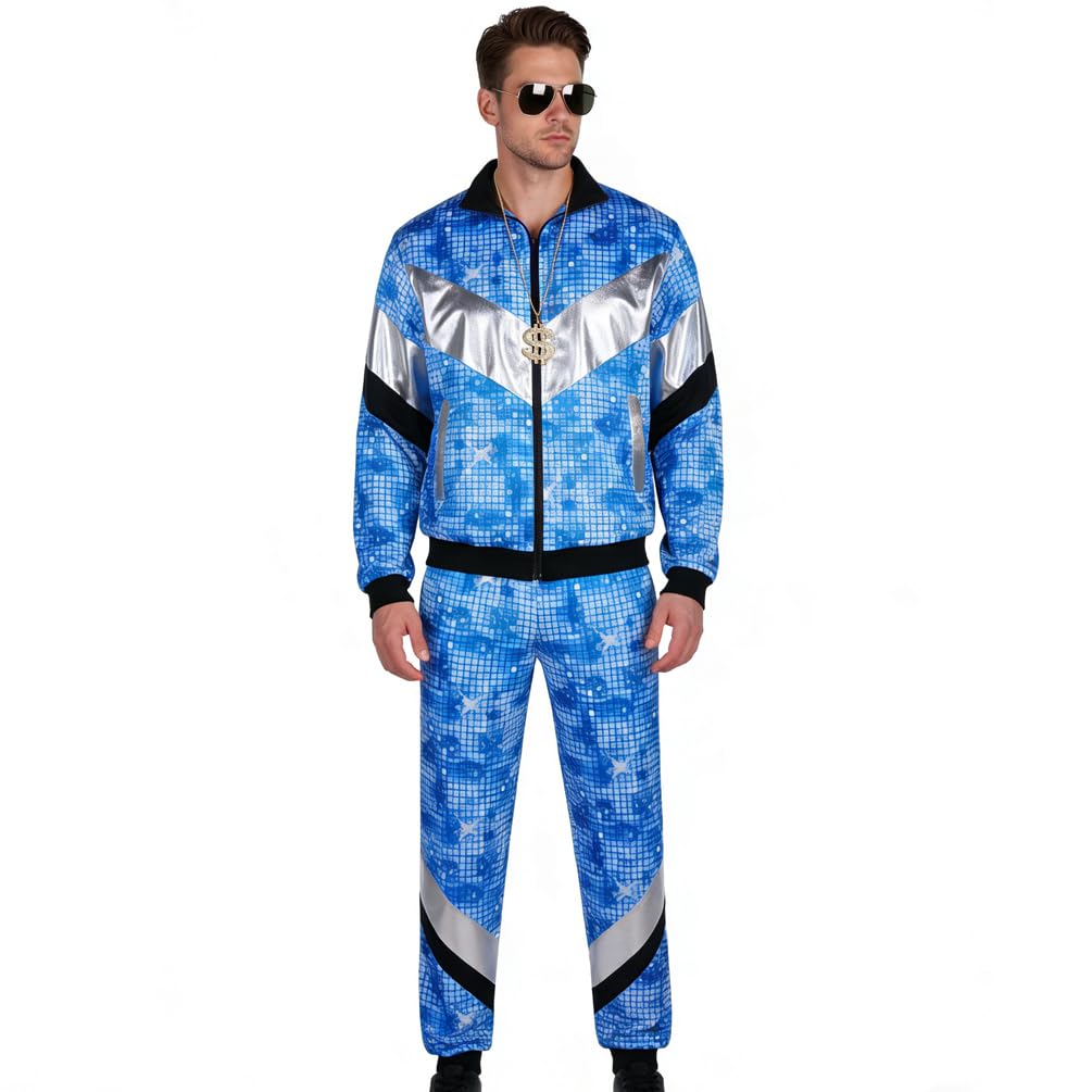 CEKUIA Fancy Dress Outfit 80s 90s Tracksuit Men's Disco Costume Shell Suit with Necklace Sunglasses