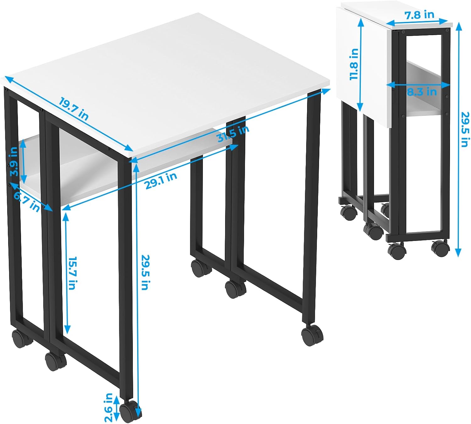 GreenForest Folding Desk Small Rolling Desk with Storage Shelf, 31.5 inch Foldable Computer Desk with Wheels for Small Space, Easy Assembly,White
