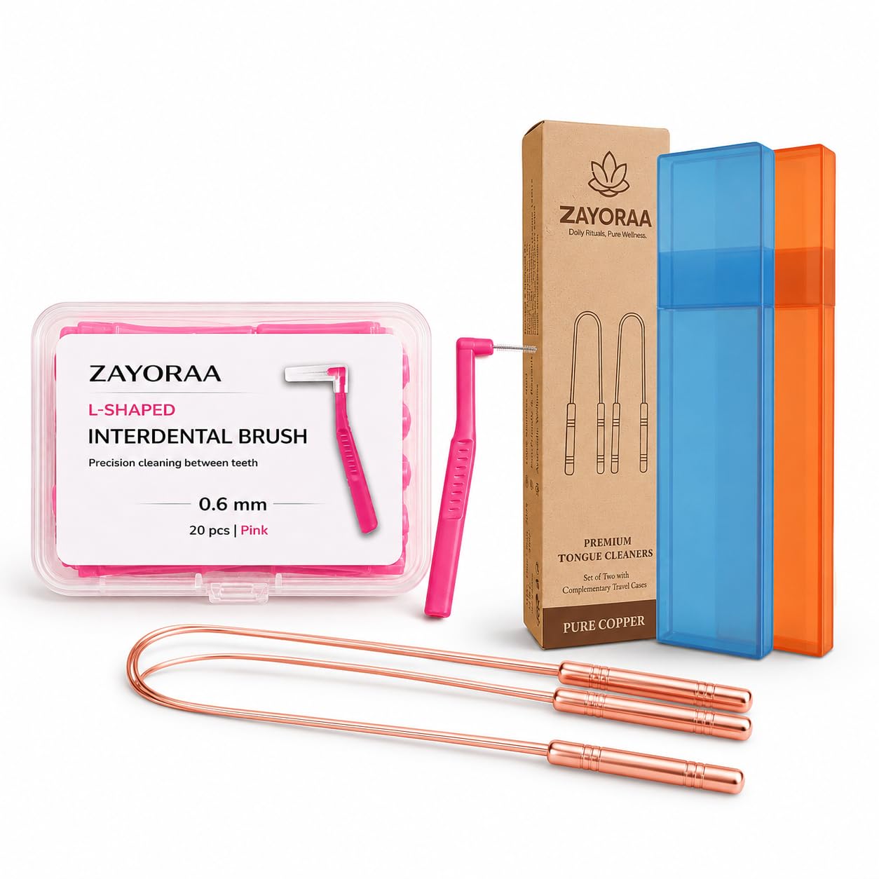 Oral Care Bundle – Pure Copper Tongue Cleaner Set of 2 with Travel Cases + 0.6 mm L-Shaped Interdental Brushes, Pack of 20, Pink-image-10