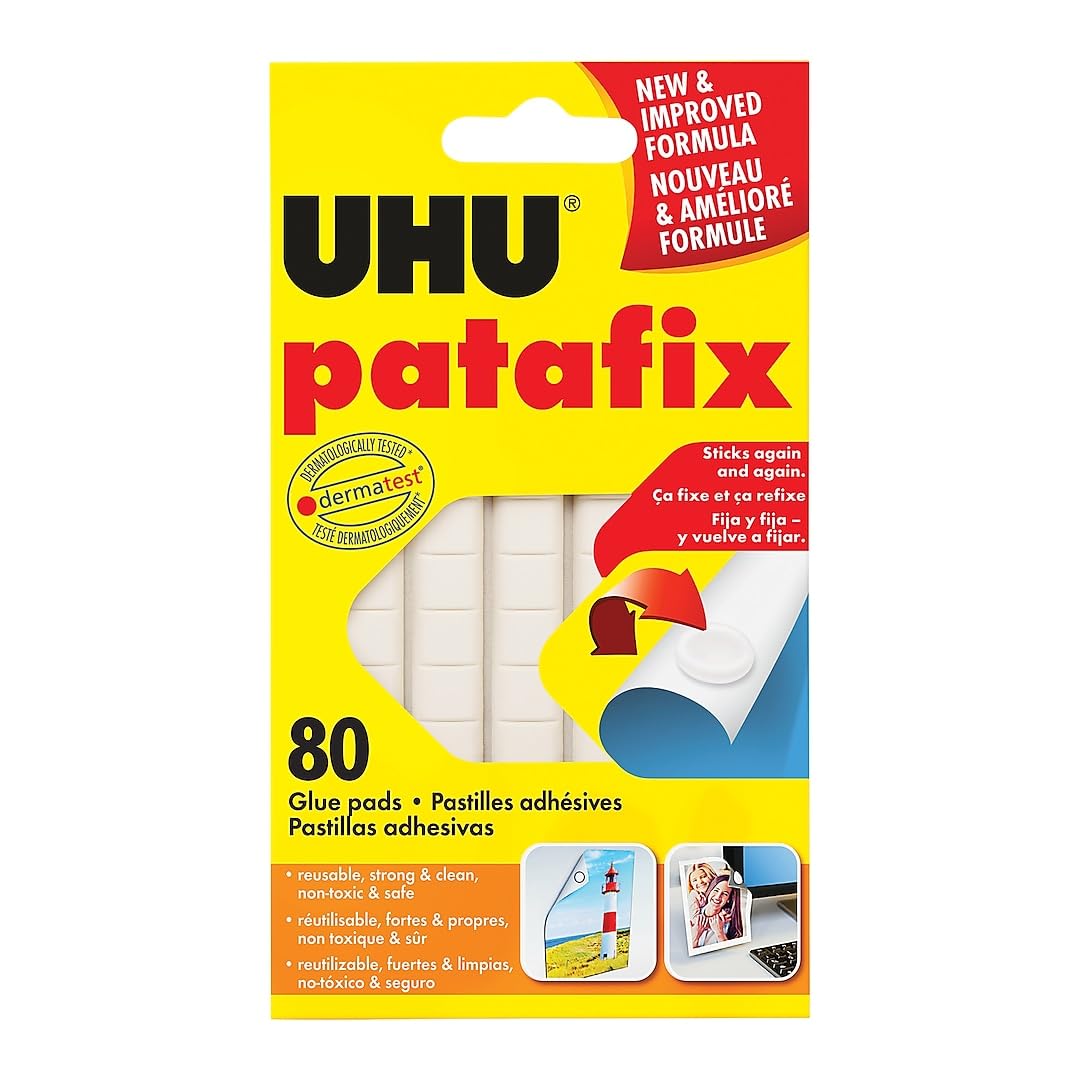 UHU Patafix, Removable And REUsable Adhesive Pads, Repositionable And Precut Tack, 80 Pads, White