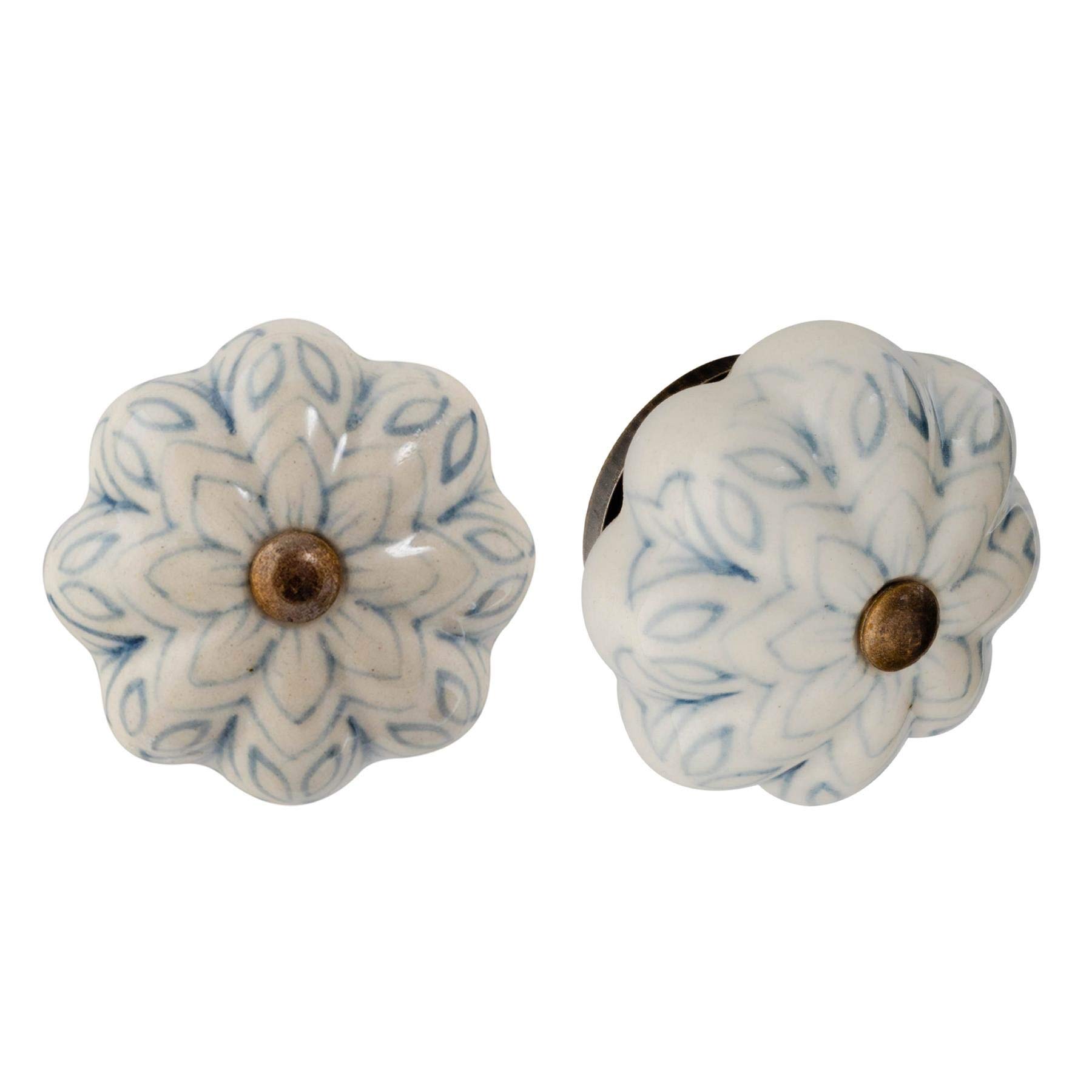 Nicola Spring Ceramic Cupboard Drawer Handle Knobs - Vintage Flower Design - Grey/Blue - Pack of 12