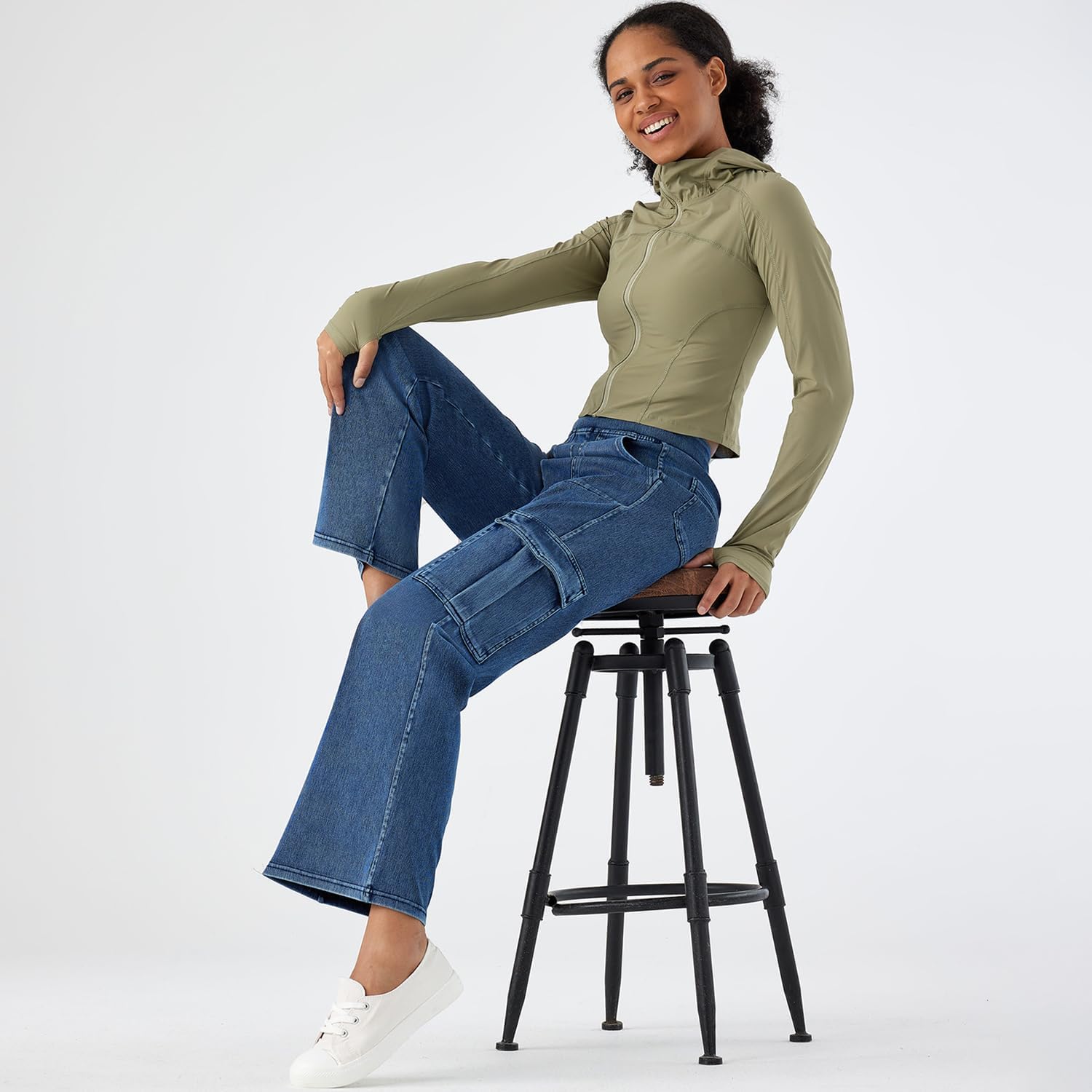 Women’s Pull-On Cargo Jeans - Mid Rise Wide Leg, Soft Stretch Denim, Comfort Fit with Pockets - Image 7