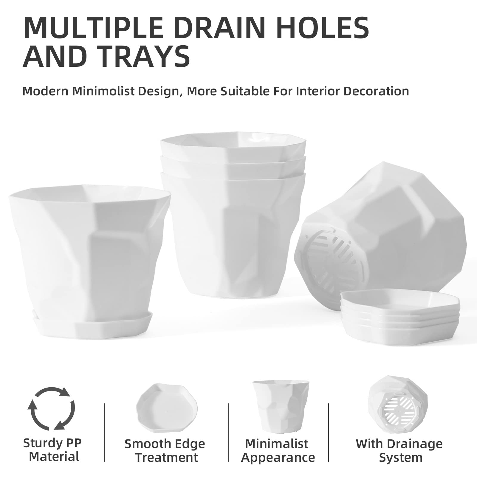 Lot de 5 pots de fleurs en plastique pour intérieur/extérieur - Style nordique - Avec support de base - Pour la maison, le bureau, les magasins - Blanc