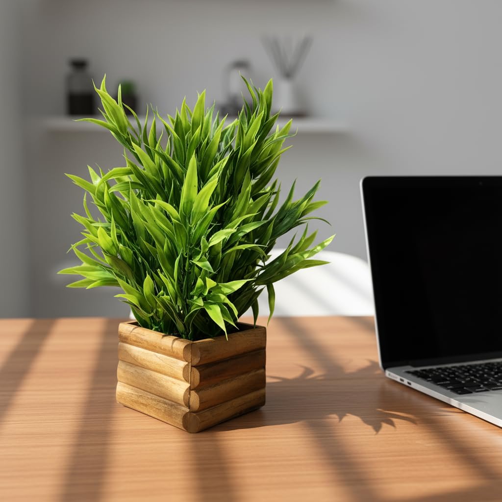 fancymart Artificial Bamboo Leaves in Wood Potted Plant with 30 cm Height Perfect for Home Décor & Office Space 3