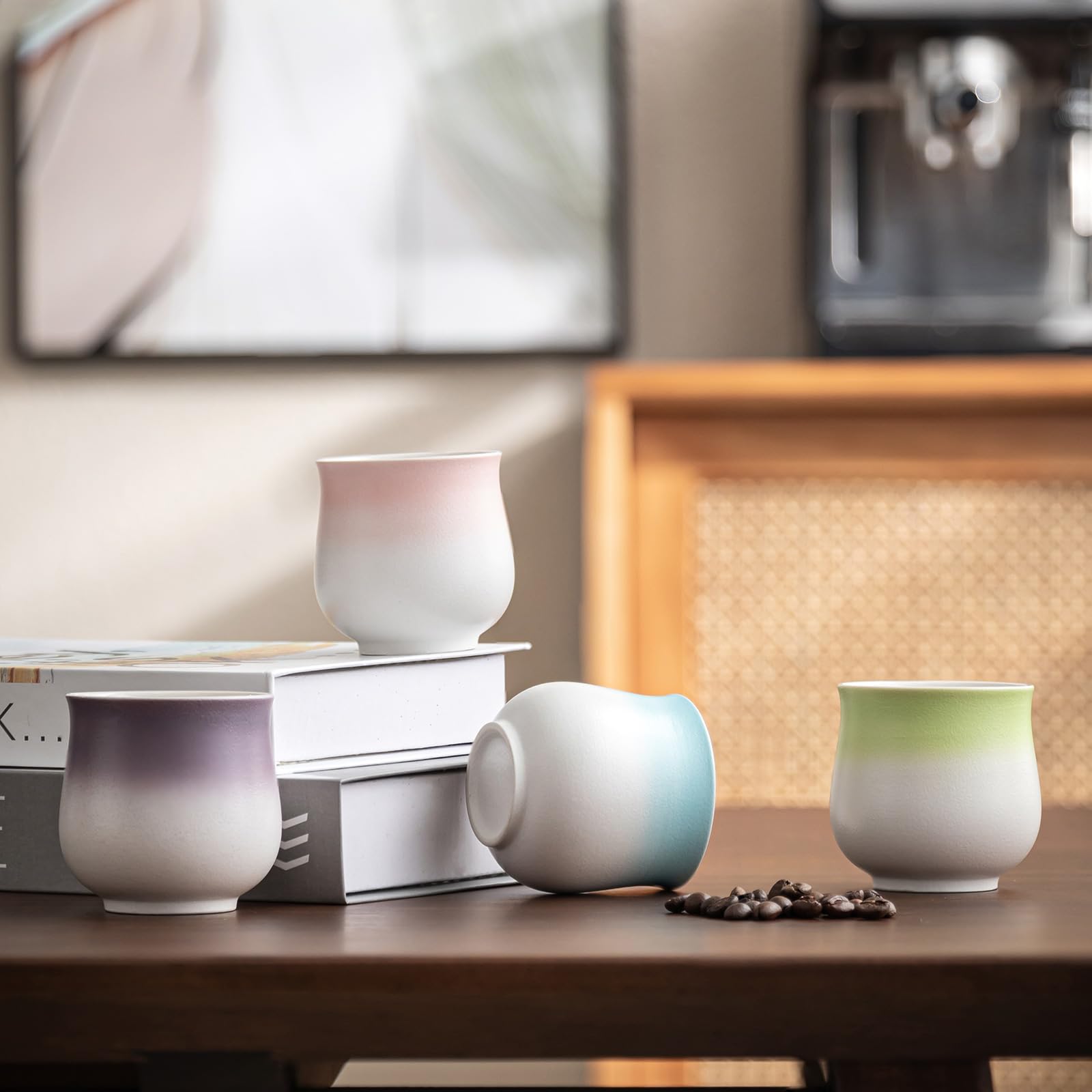 Juego de tazas de café espresso de cerámica de 4.5 onzas, tazas de capuchino, tazas Demitasse para café o té, tazas pequeñas de café con leche sin asas (rosa degradado, 4)