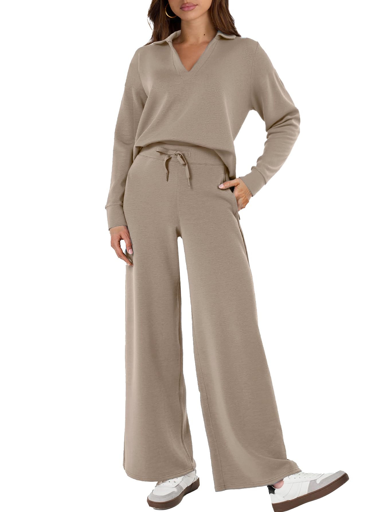 Glamaker - 2-Piece Outfits for Women, Casual Long Sleeve Polo Shirt and Matching Wide-Leg Pants