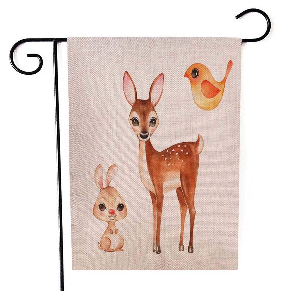 Fullentiart Home Garden Flag 12.5 X 18, Garden Flags Evergreen Garden Flag Cute Fawn Bunny Bird Cartoon Isolated White Watercolor Welcome Garden Flag Butterfly Garden Flag
