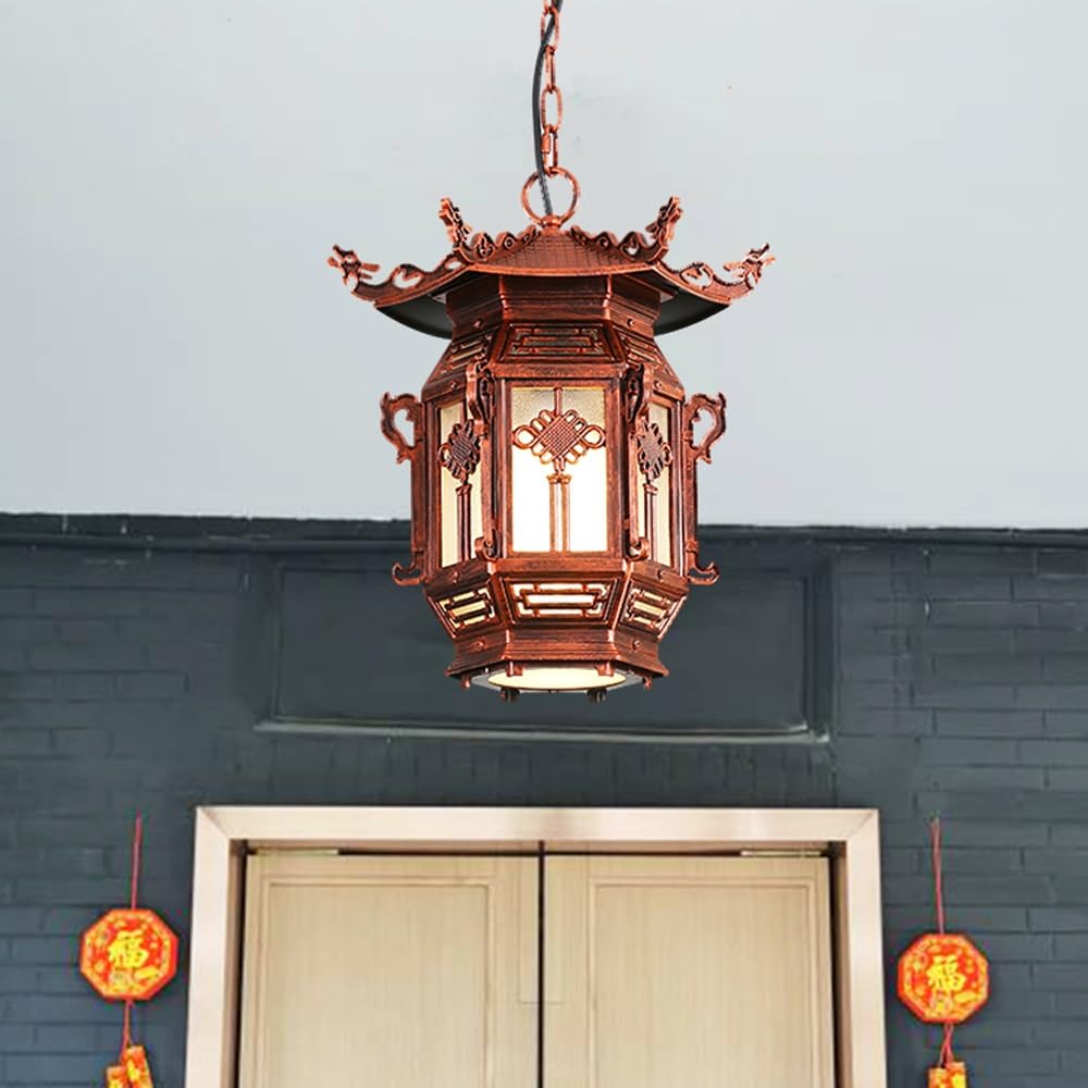 BLOOHK Vintage Asian Pagoda Outdoor Pendant Light, Antique Bronze Hanging Lantern for Porch, Patio, Gazebo